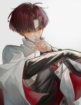  1boy absurdres blush earrings fate/grand_order fate_(series) hair_over_one_eye highres jacket jewelry long_sleeves male_focus red_eyes redhead short_hair simple_background solo sweatdrop takasugi_shinsaku_(fate) takasugi_shinsaku_(first_ascension)_(fate) upper_body white_background white_jacket yogu_tachi 