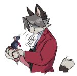  1boy ace_attorney animal animal_ears animal_nose animalization ascot body_fur cat_boy cat_ears closed_mouth commentary english_commentary faintsuns furrification furry furry_male grey_fur grey_hair highres holding holding_animal jacket long_sleeves looking_at_animal male_focus miles_edgeworth mouse necktie pawpads phoenix_wright red_jacket simple_background smile snout suit tail upper_body white_background 