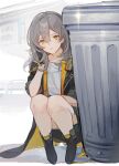  1girl absurdres black_footwear black_jacket grey_hair highres honkai:_star_rail honkai_(series) jacket long_hair miermere open_clothes open_jacket sleeve_rolled_up solo stelle_(honkai:_star_rail) trailblazer_(honkai:_star_rail) trash_can yellow_eyes 