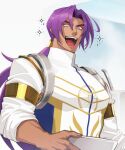 1boy bhima_(fate) bhima_(second_ascension)_(fate) bowl dark-skinned_male dark_skin fate/grand_order fate_(series) highres holding holding_bowl long_hair lv1na_ura male_focus muscular muscular_male ponytail purple_hair simple_background sleeves_rolled_up smile upper_body violet_eyes white_background 