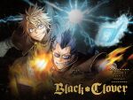  2boys black_clover blonde_hair blue_aura book bruise cover crazy_eyes crazy_smile dvd_cover electricity electrokinesis fiery_aura fire floating floating_book floating_object grimoire grin highres incoming_attack injury luck_voltia magna_swing male_focus multiple_boys official_art pyrokinesis short_hair smile spiky_hair stitches sunglasses tabata_yuuki upper_body 