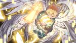  1boy akamine_naoki angel_wings angemon blonde_hair closed_eyes crest digimon digimon_(creature) digimon_adventure digimon_crest digitama egg feathered_wings gradient_background hat highres holding_digimon multiple_wings short_hair takaishi_takeru white_wings wings 