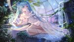  1girl absurdres arua barefoot blue_eyes blue_hair dress hair_between_eyes hatsune_miku highres leg_ribbon long_hair lying off-shoulder_dress off_shoulder on_side parted_lips pleated_dress ribbon short_dress solo twintails very_long_hair vocaloid water white_dress white_ribbon 