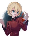  1girl absurdres black_tea blonde_hair blue_eyes bouncing_breasts braid breasts clenched_hand commentary cup darjeeling_(girls_und_panzer) girls_und_panzer highres jacket lazurite_(user_8870367) long_sleeves looking_to_the_side military_uniform open_mouth red_jacket short_hair smile solo spilling st._gloriana&#039;s_military_uniform tea teacup twin_braids uniform 
