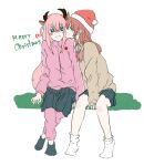  2girls animal_ears antlers arm_support bare_legs between_legs black_skirt black_socks blue_eyes blush bocchi_the_rock! bow bowtie brown_cardigan brown_sailor_collar cardigan commentary_request crossed_bangs cube_hair_ornament deer_ears eye_contact fake_animal_ears fake_horns full_body gotoh_hitori green_eyes hair_between_eyes hair_ornament hat horns jacket kiss kita_ikuyo long_hair long_sleeves looking_at_another merry_christmas mole mole_under_eye multiple_girls no_shoes one_side_up pants pants_under_skirt pink_hair pink_jacket pink_pants pink_track_suit pleated_skirt red_bow red_bowtie redhead reindeer_antlers sailor_collar santa_hat school_uniform shuka_high_school_uniform sidelocks simple_background sitting skirt socks souya_(6nt2_ibugali) surprised wavy_mouth white_background white_socks yuri 