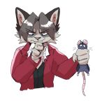  1boy ace_attorney animal animal_ears animal_nose animalization ascot black_eyes body_fur cat_boy cat_ears closed_mouth commentary english_commentary faintsuns furrification furry furry_male grey_fur grey_hair hand_on_own_chin highres holding holding_animal jacket long_sleeves male_focus miles_edgeworth mouse pawpads phoenix_wright red_jacket short_hair simple_background snout upper_body white_background 