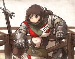  2girls ahoge_page_(ironlily) armor armored_gloves balance_scale_print bent_over blush bob_cut breast_rest breasts breasts_on_head brown_capelet brown_hair canteen capelet commentary covered_eyes crest english_commentary faulds fence gambeson gauntlets halberd highres ironlily lady_lucerne_(ironlily) large_breasts layered_armor long_hair lucerne_hammer medieval multiple_girls no_headwear ordo_mediare_sisters_(ironlily) pauldrons planted plate_armor polearm sheath sheathed short_hair shoulder_armor surcoat sweat weapon wooden_fence yuri 