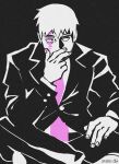  1boy artist_name black_background commentary covering_mouth english_commentary gatoiberico highres indian_style long_sleeves male_focus mob_psycho_100 monochrome necktie pink_necktie reigen_arataka short_hair simple_background sitting solo spot_color suit 