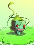  animal_focus bright_pupils bulbasaur claws fangs gradient_background grass highres no_humans nostrils on_grass open_mouth plant pokedex_number pokemon pokemon_(creature) red_eyes ryuu_no_nukegara translated vines walking white_pupils 