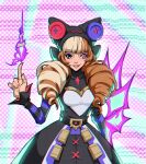  1girl animal_ears black_dress black_eyes black_headwear blonde_hair brown_hair buttons cat_ears dress drill_hair fake_animal_ears gwen_(league_of_legends) hand_up heterochromia highres index_finger_raised league_of_legends long_sleeves misfortuneee multicolored_background pink_lips red_eyes smile solo soul_fighter_gwen teeth twin_drills twintails white_dress 