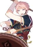  1boy absurdres arm_up bandaged_arm bandages commentary_request ensemble_stars! headset highres holding itsuki_shu male_focus motion_blur open_mouth pink_eyes short_bangs short_hair short_sleeves solo upper_body violet_eyes wednesday_108 white_background 
