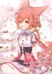 1girl animal_ears bow cake food fox_ears fox_girl fox_tail hair_bow hair_ribbon highres hiizumi_miu holding holding_spoon long_hair looking_at_viewer low_twintails miho_(tales_runner) orange_hair pink_ribbon puffy_short_sleeves puffy_sleeves ribbon shirt short_sleeves sitting solo spoon swiss_roll tail tales_runner tiered_tray twintails very_long_hair white_shirt yellow_bow 