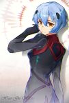  1girl absurdres artist_name ayanami_rei black_bodysuit blue_hair bodysuit breasts closed_mouth from_side gradient_bodysuit grey_bodysuit hair_between_eyes headgear highres neon_genesis_evangelion plugsuit rebuild_of_evangelion short_hair small_breasts smile solo standing xiao_gu_wang yellow_eyes 