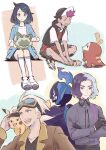  1girl 3boys :d amethio_(pokemon) black_hair brown_jacket captain_pikachu ceruledge collared_shirt commentary_request cowlick crossed_arms friede_(pokemon) fuecoco gloves goggles goggles_on_head hat highres jacket kneehighs liko_(pokemon) multiple_boys oka_3776 on_shoulder open_mouth pants pikachu pokemon pokemon_(anime) pokemon_(creature) pokemon_horizons pokemon_on_shoulder raglan_sleeves roy_(pokemon) sandals shirt shoes short_sleeves shorts smile socks sprigatito t-shirt vest white_socks 