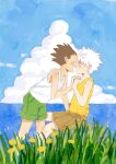  2boys black_hair blush closed_eyes gon_freecss green_shorts highres holding_hands hunter_x_hunter killua_zoldyck male_child male_focus multiple_boys ocean outdoors profile red_shirt rukaruka_hh shirt short_hair shorts sleeveless smile spiky_hair white_hair yellow_shirt 