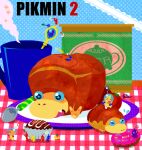  2boys blue_background blue_pikmin breadbug commentary_request copyright_name cup doughnut food giant_breadbug louie_(pikmin) multiple_boys olimar pikmin_(creature) pikmin_(series) pikmin_2 plate polka_dot polka_dot_background purple_pikmin red_pikmin rice_(kotobuki) signature spacesuit spoon white_pikmin yellow_pikmin 