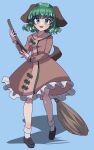  1girl :3 :d ahodemoaru animal_ears black_footwear blue_background broom brown_dress commentary dog_ears dress full_body green_eyes green_hair highres holding holding_broom kasodani_kyouko long_sleeves looking_at_viewer open_mouth short_hair simple_background smile socks solo touhou white_socks 