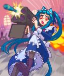  1girl alternate_costume animal_ears apron aqua_hair black_footwear blue_dress boots dress english_commentary enmaided explosion hcnone highres holding_rocket_launcher juliet_sleeves long_sleeves m202 maid open_mouth original penny_(hcnone) pixel_art ponytail puffy_sleeves rocket rocket_launcher sleeve_cuffs solo speed_lines weapon white_apron yellow_eyes 