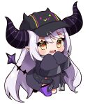  1girl absurdres bibi_(tokoyami_towa) blush chibi coat grey_hair heart heart-shaped_pupils highres hololive horns la+_darknesss la+_darknesss_(1st_costume) long_hair mashiro_io open_mouth pointy_ears purple_thighhighs simple_background single_thighhigh sleeves_past_fingers sleeves_past_wrists solo striped_horns symbol-shaped_pupils tail thigh-highs virtual_youtuber white_background yellow_eyes 