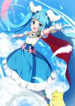  1girl :d ahoge arm_up bare_shoulders blue_cape blue_eyes blue_footwear blue_hair blue_skirt blue_sky cape clouds cure_sky day detached_sleeves diagonal_bangs feathers floating_hair frilled_skirt frills fringe_trim gradient_hair highres hirogaru_sky!_precure long_hair multicolored_hair outdoors outstretched_arm pantyhose pink_hair precure puffy_short_sleeves puffy_sleeves red_cape shirt shoes short_sleeves skirt sky sleeveless sleeveless_shirt smile solo sora_harewataru streaked_hair tsuyukina_fuzuki twintails very_long_hair white_pantyhose white_shirt white_sleeves 
