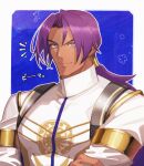  1boy bhima_(fate) bhima_(second_ascension)_(fate) dark-skinned_male dark_skin fate/grand_order fate_(series) highres long_hair looking_at_viewer lv1na_ura male_focus muscular muscular_male ponytail purple_hair smile upper_body violet_eyes 
