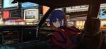  1girl blue_eyes blue_hair blue_jacket blurry blurry_background car_interior city closed_mouth colored_inner_hair diamond_earrings earrings from_behind hair_over_one_eye half-closed_eyes highres isshiki_(ffmania7) jacket jewelry kamitsubaki_studio knee_up leaning_forward left-hand_drive light_smile long_sleeves looking_at_viewer looking_back multicolored_clothes multicolored_eyes multicolored_hair multicolored_jacket red_eyes red_jacket redhead rim_(kamitsubaki_studio) sidelighting signature sitting solo upper_body virtual_youtuber yellow_pupils 