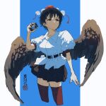  1girl absurdres bird_wings black_hair black_ribbon black_skirt camera collared_shirt frilled_skirt frills hat highres red_eyes red_headwear ribbon shameimaru_aya shirt short_hair skirt sokura_(mochichitose) solo thigh-highs tokin_hat touhou white_shirt wings 