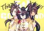  3girls :d air_shakur_(umamusume) animal_ears aqua_eyes black_hair blue_eyes closed_mouth commentary_request ear_covers ear_ornament ear_piercing earrings epaulettes eyebrow_piercing hair_between_eyes hair_ornament hi_(ibisf5umauma) highres horse_ears horse_girl jacket jewelry katsuragi_ace_(umamusume) long_hair looking_at_viewer medal medium_hair multicolored_hair multiple_girls open_mouth piercing ponytail simple_background single_earring smile streaked_hair symboli_kris_s_(umamusume) teeth thank_you twitter_username umamusume upper_body upper_teeth_only very_long_hair white_hair white_jacket yellow_background yellow_eyes 