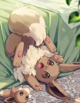  bed blurry blurry_foreground depth_of_field eevee highres indoors kaminokefusa leaf looking_at_viewer no_humans open_mouth pokemon pokemon_(creature) solo stuffed_toy upside-down 