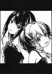  2girls absurdres back-to-back bare_shoulders bow closed_mouth collarbone dot_nose dress from_side greyscale hair_between_eyes hair_bow hand_on_own_chest head_tilt highres idoly_pride kawasaki_sakura_(idoly_pride) letterboxed long_hair monochrome moy1124 multiple_girls nagase_kotono open_mouth raised_eyebrows short_hair short_twintails sidelocks sleeveless sleeveless_dress smile twintails upper_body 