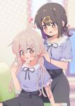  2girls :d absurdres ahoge bare_arms belt black_hair black_skirt blurry blurry_background blush braid braiding_hair brown_eyes commentary depth_of_field dot_nose erde_0 eyes_visible_through_hair frills hair_between_eyes hair_ornament hair_twirling hairclip hairdressing heart highres indoors long_hair matching_outfits multiple_girls onii-chan_wa_oshimai! open_mouth oyama_mahiro oyama_mihari pink_hair purple_hair purple_shirt shirt short_sleeves siblings sisters skirt smile twin_braids tying_another&#039;s_hair 