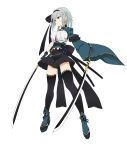  1girl alternate_costume aqua_eyes black_gloves black_hairband black_skirt black_thighhighs breasts commentary_request fingerless_gloves from_side full_body gloves grey_hair hairband holding holding_sword holding_weapon katana konpaku_youmu large_breasts long_sleeves multiple_swords parted_lips shirt short_hair simple_background skirt solo suiu_shinotsuku sword thigh-highs touhou variant_set weapon white_background white_shirt wide_sleeves 