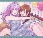  2girls :d asahina_yui balloon blue_headband carrying closed_eyes couch curtains dated earrings feet_out_of_frame happy_birthday headband highres indoors jewelry kousaka_rei la_corda_d&#039;oro_starlight_orchestra long_hair multiple_girls peggy_(pixiv9540913) princess_carry purple_hair shirt sitting smile twintails white_shirt yuri 