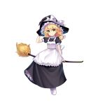  1girl apron black_headwear blonde_hair bow braid broom broom_riding embodiment_of_scarlet_devil frilled_hat frills full_body game_cg hand_on_headwear hat hat_bow highres kirisame_marisa looking_at_viewer medium_hair rotte_(1109) short_sleeves side_braid simple_background single_braid solo third-party_source touhou touhou_lost_word white_apron white_background white_bow witch_hat yellow_eyes 