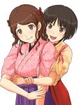  2girls amagami blush brown_eyes brown_hair hair_ribbon hakama highres hug hug_from_behind japanese_clothes kimono looking_at_viewer multiple_girls nakata_sae open_mouth pink_kimono purple_hakama red_hakama red_ribbon ribbon short_hair short_sleeves simple_background smile tachibana_miya takenoko_saba_otto two_side_up white_background yellow_kimono yuri 