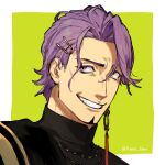 1boy artist_name black_shirt duryodhana_(fate) earrings facial_hair fate/grand_order fate_(series) freeze_10min goatee goatee_stubble green_background hair_ornament hairclip highres jewelry male_focus mature_male necklace portrait purple_hair sash shirt short_hair shoulder_sash single_earring smile solo two-tone_background upper_body violet_eyes white_background 