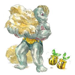  1boy barefoot belt black_eyes bright_pupils closed_mouth full_body holding holding_sack machoke muscular muscular_male no._017 no_humans nostrils painting_(medium) pokemon pokemon_(creature) red_eyes sack sunkern traditional_media watercolor_(medium) white_background white_pupils 