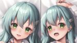  1girl aqua_eyes aqua_hair awa_yume hair_ornament kantai_collection long_hair looking_at_viewer lying multiple_views on_back on_bed open_mouth smile solo suzuya_(kancolle) suzuya_kai_ni_(kancolle) 