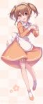  1girl :d apron back_bow blush bow brown_hair checkered_background dot_nose dress frilled_apron frills hair_between_eyes heart heart_hands highres idoly_pride kawasaki_sakura_(idoly_pride) long_sleeves looking_at_viewer maid maid_headdress open_mouth orange_dress orange_eyes own_hands_together puffy_long_sleeves puffy_sleeves raised_eyebrows short_hair short_twintails sidelocks simple_background smile solo twintails uut waist_apron watermark white_apron white_bow 