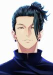  1boy absurdres asymmetrical_bangs black_hair black_jacket brown_eyes collared_jacket commentary_request dated getou_suguru hair_bun hair_pulled_back highres jacket jewelry jujutsu_kaisen looking_at_viewer male_focus may_(illust_man_2020) parted_lips piercing plug_(piercing) signature simple_background single_hair_bun smile solo upper_body white_background 