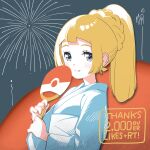  1girl alternate_costume aqua_eyes blonde_hair blush braid eyelashes fireworks highres holding holding_paddle japanese_clothes kimono kinocopro lillie_(pokemon) long_hair long_sleeves looking_at_viewer milestone_celebration paddle pokemon pokemon_(game) pokemon_sm ponytail sash smile solo thank_you upper_body yukata 