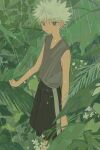  1boy black_shorts cowboy_shot expressionless forest grey_shirt highres hunter_x_hunter killua_zoldyck looking_at_viewer male_child male_focus myyykco nature outdoors rain shirt short_hair shorts sleeveless solo white_hair 