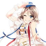  blue_eyes brown_hair hat highres love_live! nasuring one_eye_closed pointing salute short_hair smile stomach watanabe_you wavy_hair 
