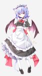  1girl alternate_costume animal_ear_fluff animal_ears apron bat_wings black_dress black_footwear blush cat_ears cat_tail closed_mouth dress enmaided frilled_apron frilled_dress frills full_body grey_background hair_between_eyes highres maid maid_apron pantyhose puffy_short_sleeves puffy_sleeves purple_hair red_eyes remilia_scarlet sabana shoes short_hair short_sleeves simple_background solo tail touhou white_apron white_pantyhose wings 