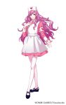  1boy absurdres androgynous apron ashuku_nyorai brown_eyes dress earrings full_body gold_earrings hat highres jewelry long_hair long_sleeves looking_at_viewer namu_amida_butsu!rendai_utena nurse nurse_cap official_alternate_costume official_art otoko_no_ko pantyhose pink_dress pink_hair simple_background standing wavy_hair white_apron white_headwear white_pantyhose 