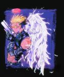  1boy angel_wings aya1584361 black_gloves blonde_hair earrings feathered_wings gloves gun halo handgun highres holding holding_gun holding_weapon jewelry male_focus orange-tinted_eyewear profile prosthesis prosthetic_arm revolver round_eyewear short_hair single_earring solo sunglasses tinted_eyewear trigun upper_body vash_the_stampede weapon wings 