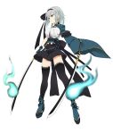  1girl alternate_costume aqua_eyes black_gloves black_hairband black_skirt black_thighhighs breasts commentary_request fingerless_gloves from_side full_body gloves grey_hair hairband hitodama holding holding_sword holding_weapon katana konpaku_youmu large_breasts long_sleeves multiple_swords parted_lips shirt short_hair simple_background skirt solo suiu_shinotsuku sword thigh-highs touhou variant_set weapon white_background white_shirt wide_sleeves 