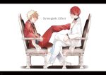  2boys 5_(toriaezu555) bakugou_katsuki barefoot black_shirt blonde_hair boku_no_hero_academia burn_scar chair closed_mouth collared_shirt commentary_request crossed_legs dress_shirt feet foot_on_chest full_body jacket lapels leg_up letterboxed long_sleeves looking_at_another male_focus multicolored_hair multiple_boys necktie no_shoes on_chair open_clothes open_jacket open_mouth pants profile red_eyes red_jacket red_necktie red_pants redhead scar scar_on_face shadow shirt short_hair simple_background sitting spiky_hair split-color_hair todoroki_shouto two-tone_hair white_background white_hair white_jacket white_pants wing_collar 