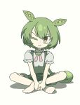  1girl 9chrono0 ;( brooch brown_hair closed_mouth green_brooch green_hair green_shorts green_suspenders hair_between_eyes highres indian_style jewelry long_hair looking_to_the_side low_ponytail one_eye_closed pink_ribbon puffy_short_sleeves puffy_sleeves ribbon shirt short_sleeves shorts sitting solo suspenders v-shaped_eyebrows voicevox white_background white_shirt yellow_eyes zundamon 