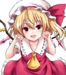  1girl :d ascot blonde_hair clenched_hands collarbone crystal fang flandre_scarlet hat hat_ribbon highres looking_at_viewer matelia mob_cap one_side_up open_mouth red_ribbon red_shirt red_skirt ribbon shirt short_sleeves simple_background skirt smile solo touhou white_background white_headwear wings yellow_ascot yellow_eyes 